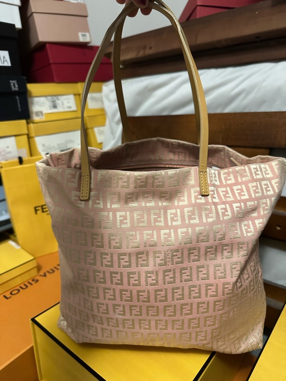 Fendi Pink Jacquard FF Logo Tote with Tan Leather Handles - Picture 2 of 11